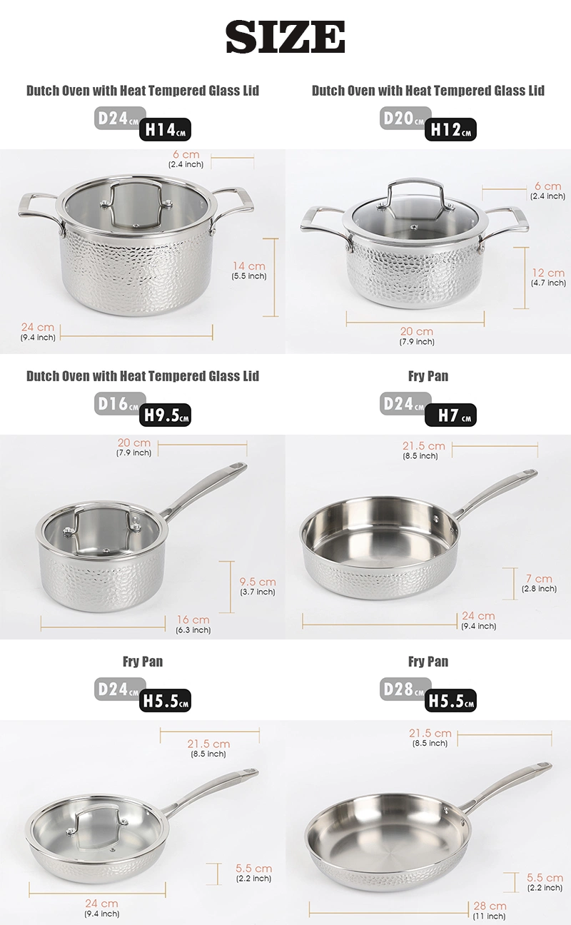 Custom High Quality 6 PCS Tri-Ply Stainless Steel Pots and Pan Hammered Cookware Set
